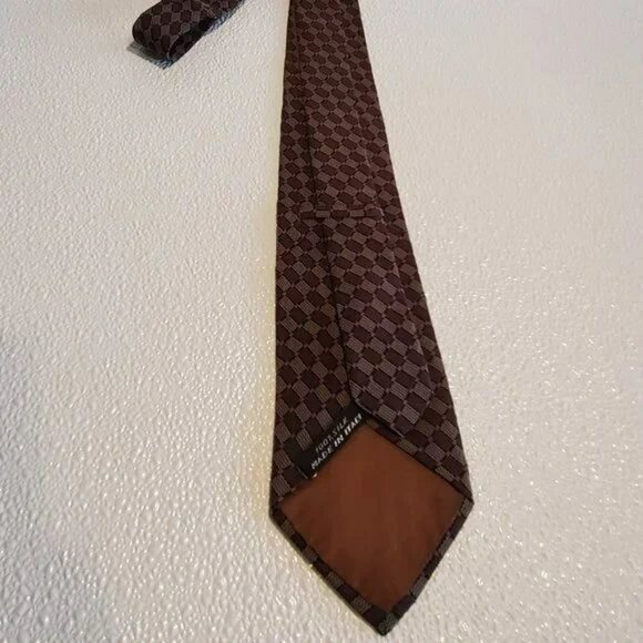 Brown & Beige Checkered 100% Silk Tie - Picture 2 of 4